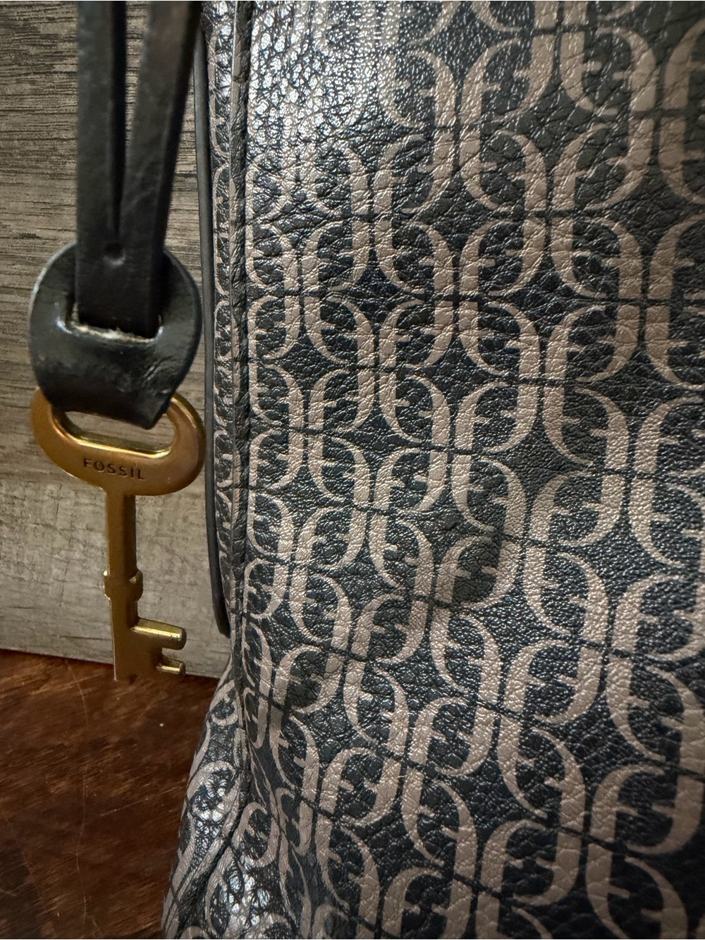 Fossil black & brown monogram logo adjustable strap key charm crossbody purse - Picture 3 of 11